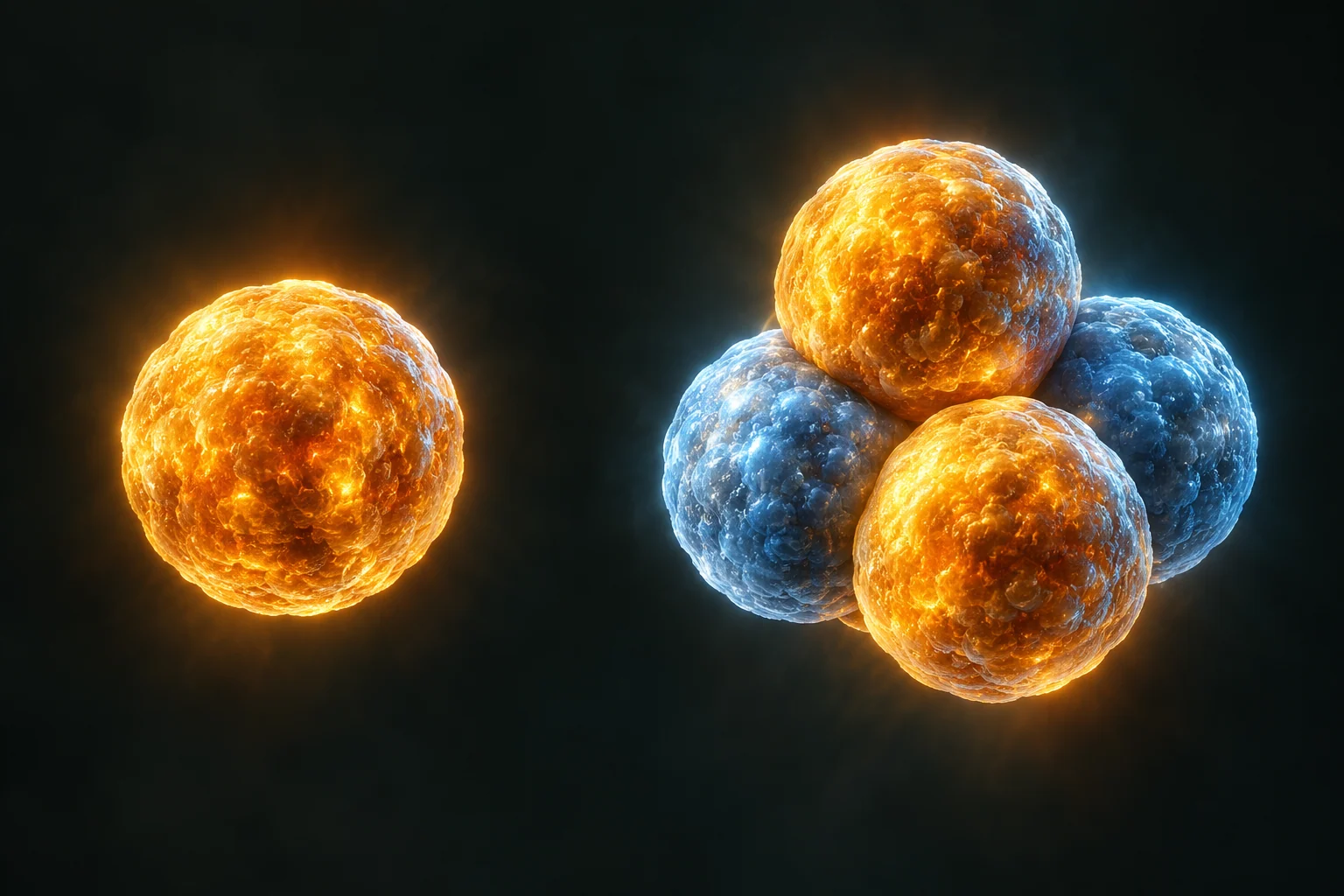 À gauche, un proton ; à droite, un noyau d’hélium 4 formé de deux protons dorés et deux neutrons bleus.