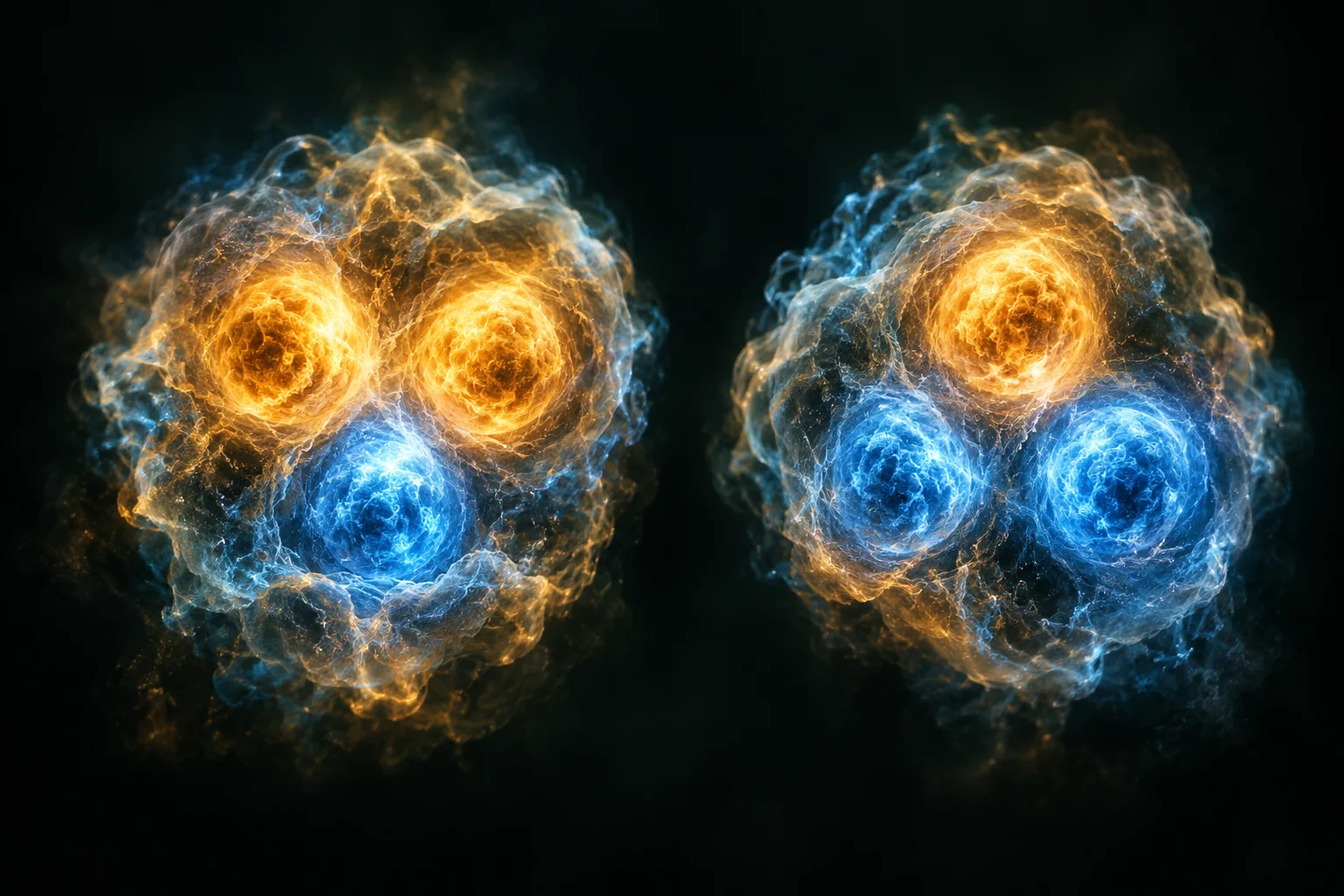 Deux compositions de quarks de valence : deux up dorés et un down bleu pour le proton ; un up doré et deux down bleus pour le neutron.