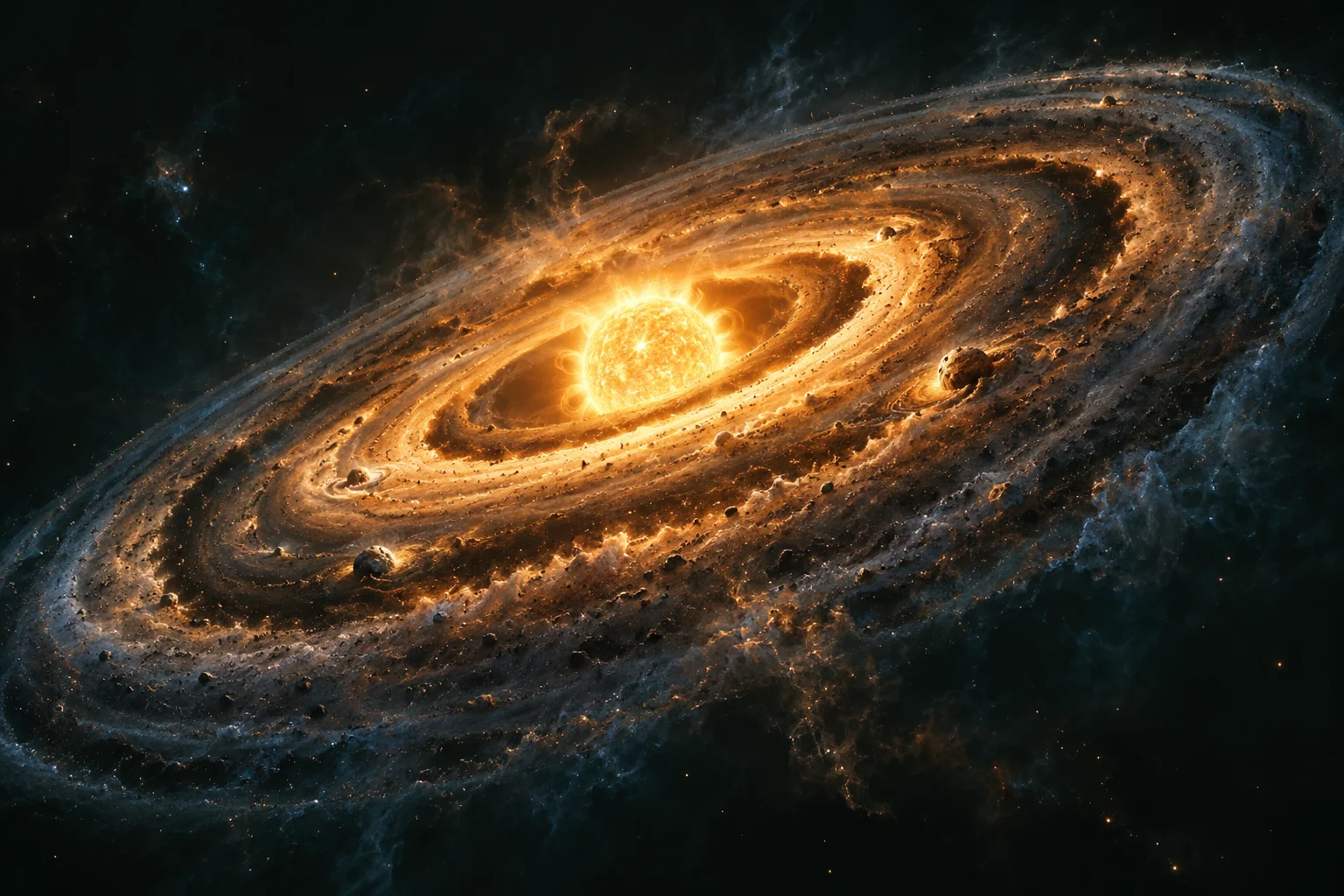 Vue d’artiste du jeune Soleil dans un disque de gaz et de poussières où se forment des planètes.